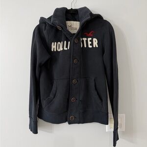 Hollister Men’s Button Front Hoodie Navy Blue Logo Hoodie Size M Distressed